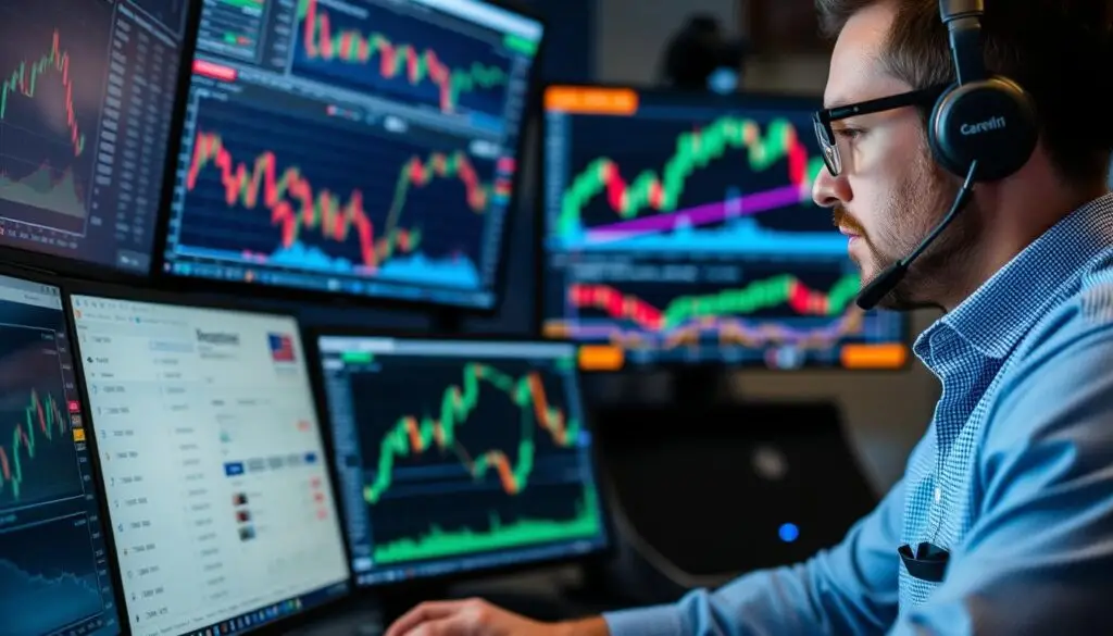 An image of a trader analysing options trading data.