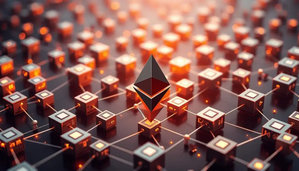 An image representing Ethereum's smart contract technology, perhaps with a visual representation of interconnected blocks.