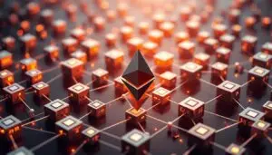 An image representing Ethereum's smart contract technology, perhaps with a visual representation of interconnected blocks.