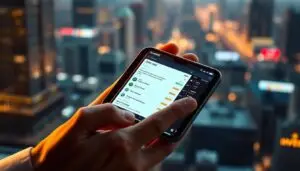 Detailed cryptocurrency trading strategies displayed on a sleek mobile device screen with the Investofil brand prominently featured. A professional trader's hand holding the device, fingers poised to execute trades. The background is a blurred cityscape, conveying the fast-paced nature of the crypto markets. Warm, focused lighting highlights the screen's content, drawing the viewer's attention to the strategic insights. The overall mood is one of confident, informed decision-making in the dynamic world of digital finance.