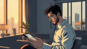 Elegant office interior, warm lighting illuminates a focused character analyzing charts and economic indicators on a Investofil mobile device. Tasteful furniture, minimalist decor, and a serene view of a cityscape through large windows create a professional, contemplative atmosphere. Subtle camera angle captures the subject's intense concentration, conveying the importance of fundamental analysis and economic insights in successful FX trading. Muted color palette, soft shadows, and a sense of modern sophistication pervade the scene.