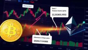 Generate an image of Bitcoin and Ethereum price charts showing high trading volumes.