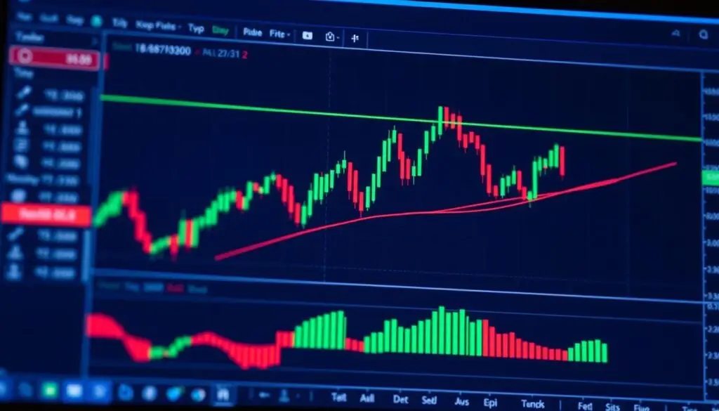 Generate an image of a charting platform on a computer screen showing a cryptocurrency's price chart with various technical indicators.