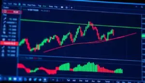 Generate an image of a charting platform on a computer screen showing a cryptocurrency's price chart with various technical indicators.