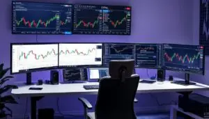 Generate an image of a crypto day trader's workspace with multiple monitors displaying charts and news feeds.