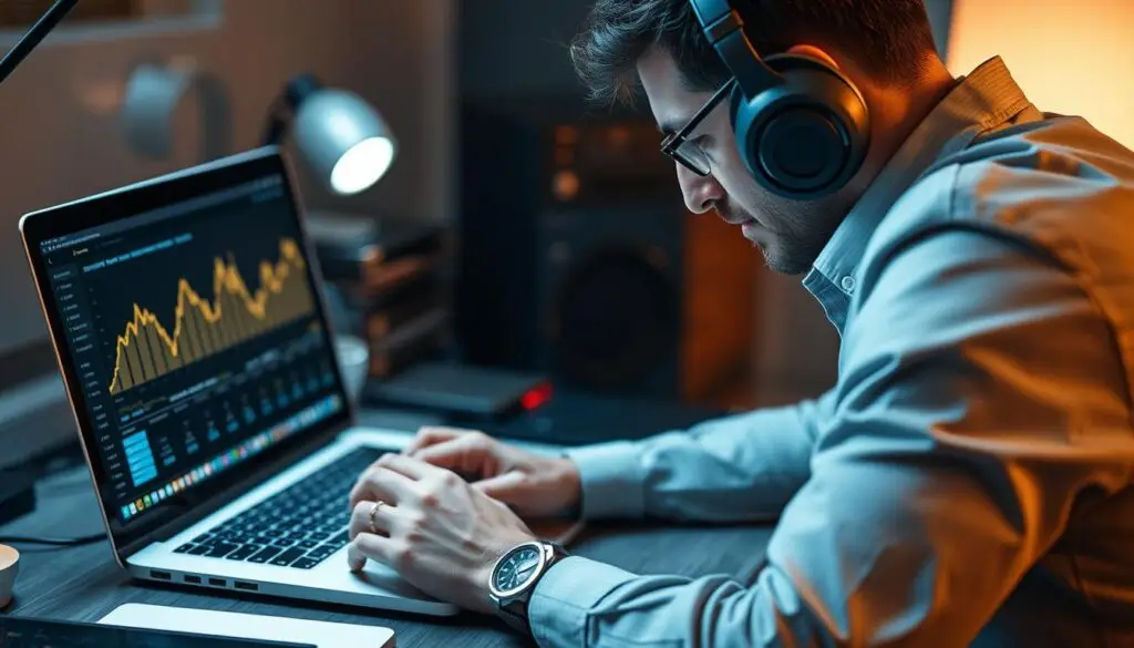 Generate an image of a cryptocurrency investor using a profit calculator tool on a laptop.