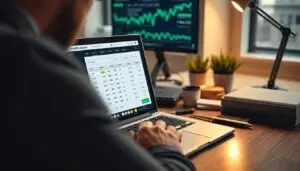 Generate an image of a cryptocurrency investor using a profit calculator tool on their laptop