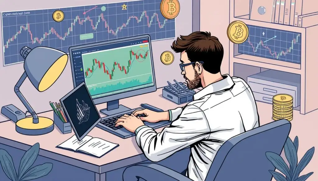 Generate an image of a person choosing a cryptocurrency trading platform on their laptop