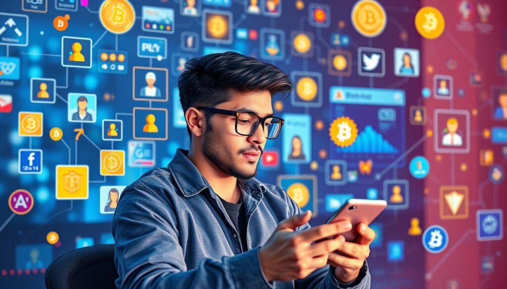 Generate an image representing a person engaging with crypto communities on social media.