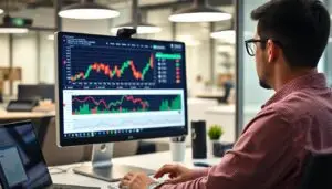 Image of a person analysing cryptocurrency market trends on a computer screen.
