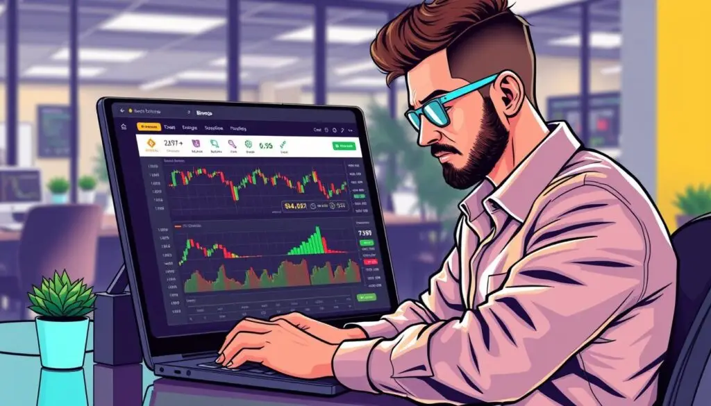 Image of a trader using a laptop with Binance exchange interface