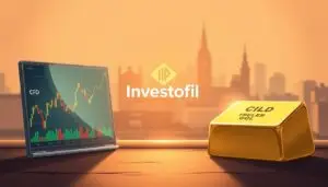 Prompt A detailed illustration depicting the contrast between CFD trading and physical gold trading in the UK. In the foreground, two distinct financial instruments - a virtual CFD chart and a gleaming gold bullion bar - command the scene, illuminated by warm, diffused lighting that casts subtle shadows. In the middle ground, the iconic Investofil logo subtly conveys the brand's expertise in this domain. The background features a muted cityscape, hinting at the dynamic financial landscape of the UK. The overall tone is one of balance, highlighting the nuances between these investment options for the mobile-first viewer.
