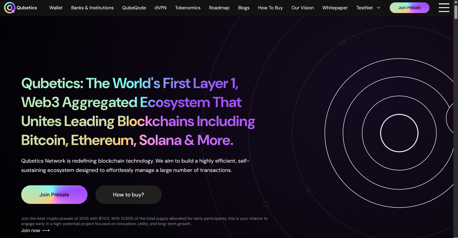 Qubetics platform interface showing real-world asset tokenization features and cross-chain compatibility for a top upcoming crypto project with 100x potential