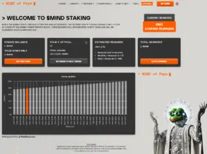 MIND of Pepe platform showing AI integration with cryptocurrency analytics as a top upcoming crypto project with 100x potential