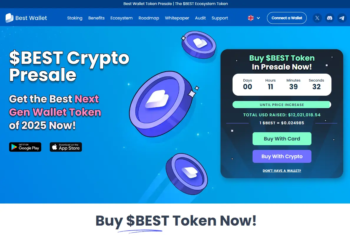 Best Wallet mobile app interface showing multi-chain crypto management features as a top upcoming crypto project with 100x potential