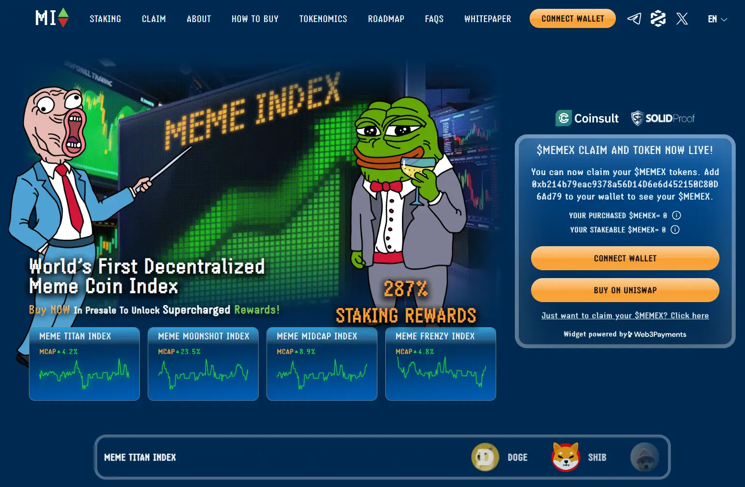 Meme Index dashboard showing diversified meme coin portfolio performance as a top upcoming crypto project with 100x potential